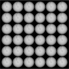 A mesmerizing grid of grayscale spirals on black background, evoking motion, depth, and rhythm through perfectly symmetrical radial gradients.