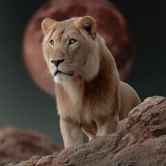 Fototapeta premium Lion standing on rocky cliff with full moon in background, majestic and powerful wildlife scene at night