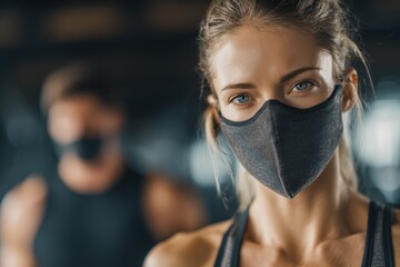 Gym Face Mask. Fit Woman and Personal Trainer Exercising with Protection During Pandemic