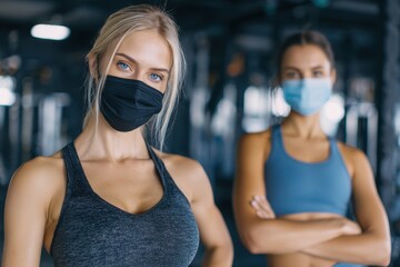 Gym Face Mask. Pandemic Prevention: Personal Trainer and Fit Woman Exercising in Protective Face Mask