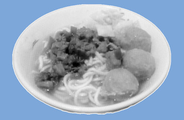 Indonesian street food called mie ayam bakso or chicken noodle meatball on bowl pixelate grayscale color halftone dotted texture style collage element isolated on blue background