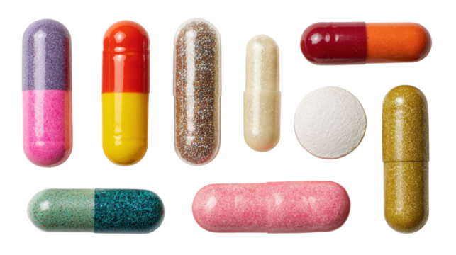 Assorted capsules and tablets, colorful medicine on white isolate background.