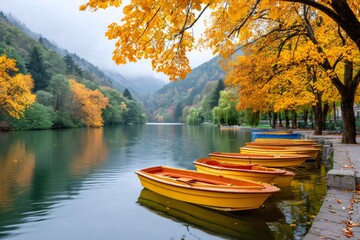 Yellow boats floating on a lake surrounded by colorful autumn trees