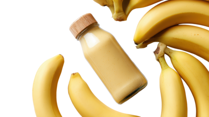 Bananas and a bottle of creamy banana smoothie on a black background, showcasing fresh ingredients.