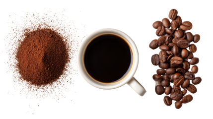 Coffee beans, ground coffee, and a cup of black coffee on a white isolated background.