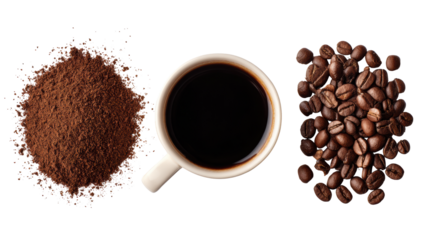 Coffee cup with ground coffee and coffee beans on a white background.