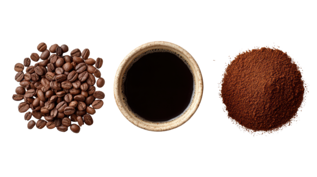 Coffee beans, brewed coffee, and ground coffee arranged in a line on a white isolate background. - Powered by Adobe