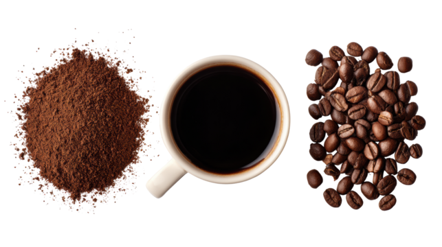 Coffee cup with ground coffee and coffee beans on a white background.