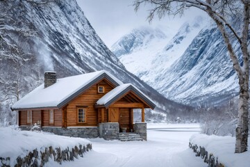 Wooden cabin nestled in a snowy mountain valley in winter