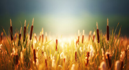 Golden cattails glow in soft sunlight against a moody blue sky