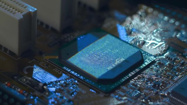 Lines of program code moves on a processor in a circuit board, symbolizing the operation of an electronic device. Closeup. Macro. Follow focus. Shallow depth of field