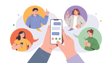Digital Dialogue: A digital conversation unfolds as a pair of hands hold a mobile phone. Around the phone, speech bubbles emanate, filled with animated persons.  