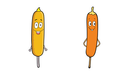 Two cartoon corn dogs with happy faces on sticks isolated on white background