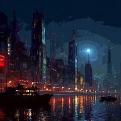 Fototapeta premium Futuristic cityscape at night with water reflections