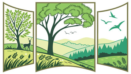 Serene Green Landscape Triptych:  Stylized Deer, Trees, Rolling Hills, and Birds in Flight; Peaceful, Nature-Inspired Illustration; Eco-Friendly, Organic Design.