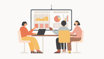 Fototapeta premium Three people sitting at a table in front of a screen displaying charts and graphs in a meeting room