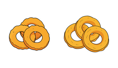 Two distinct groupings of fried onion rings are presented. Each ring displays a golden-brown hue and a slightly irregular, textured exterior, all set against a plain white background.