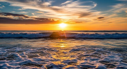 Golden sunset over the ocean with waves and dramatic clouds