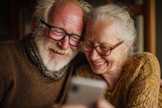Happy Facetime. Senior Couple Embracing, Talking to Children on Mobile Phone Video Chat