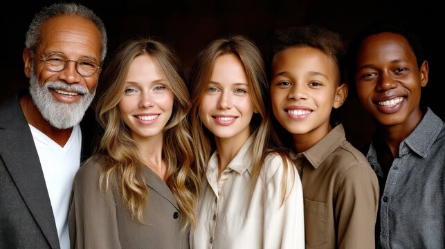 Smiling diverse family group portrait with grandparents and children in a warm indoor setting