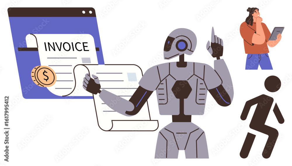 Poster robot processes invoices with dollar icon in browser, human with tablet analyzes, walking figure. id