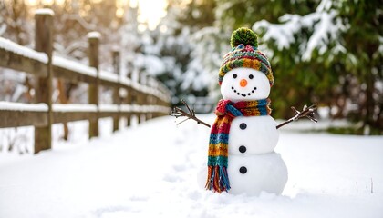 Fototapeta premium Cheerful snowman with colorful hat and scarf stands in a snowy winter landscape