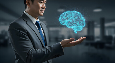 Asian professional exhibits advanced technology brain simulation for innovation design