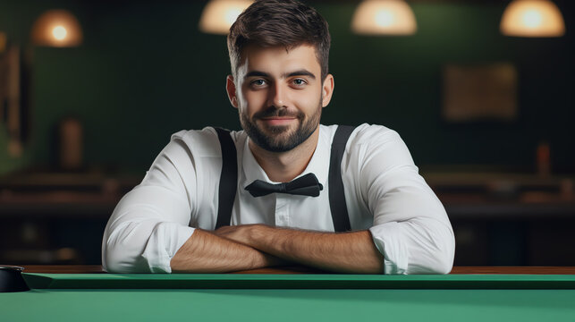 A confident young man in a bow tie poses at a billiards table in a stylish environment, showcasing elegance and skill.