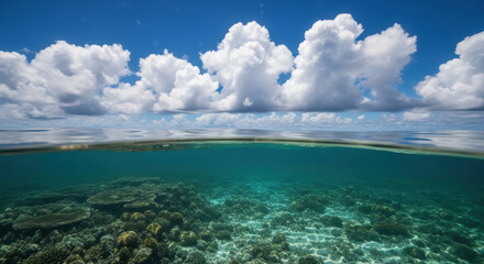 Split view of turquoise ocean water with coral and a bright blue sky filled with fluffy clouds