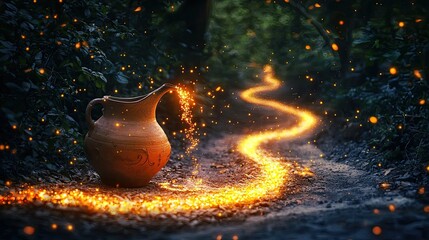 ancient clay pitcher pouring anointing oil glowing particles on to a winding mysterious path realistic dark fantasy