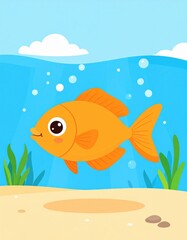 Naklejka premium A cheerful cartoon fish swims in clear blue water, surrounded by green sea plants and bubbles, creating a playful underwater scene.