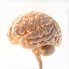 Glowing human brain with neural connections isolated in white background