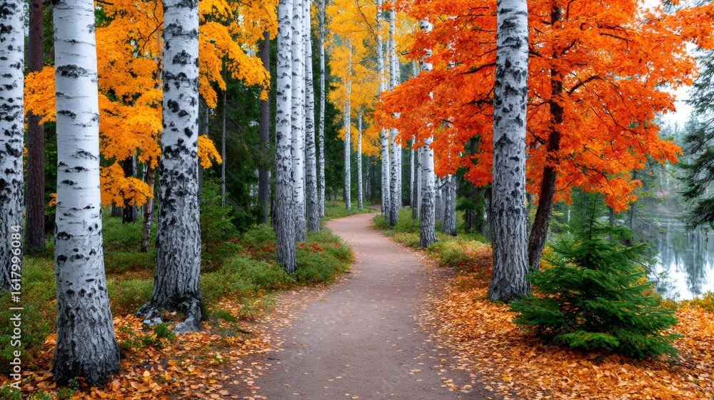 Poster winding path through colorful autumn forest with birch trees