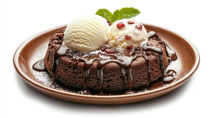 chocolate lava cake with vanilla ice-cream on dish,dilicious,isolated on white background,