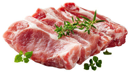 Fototapeta premium Fresh raw pork chops with herbs, isolated on a white background.