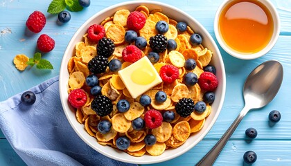 Delicious and colorful breakfast bowl filled with cornflakes and mixed berries for a healthy start