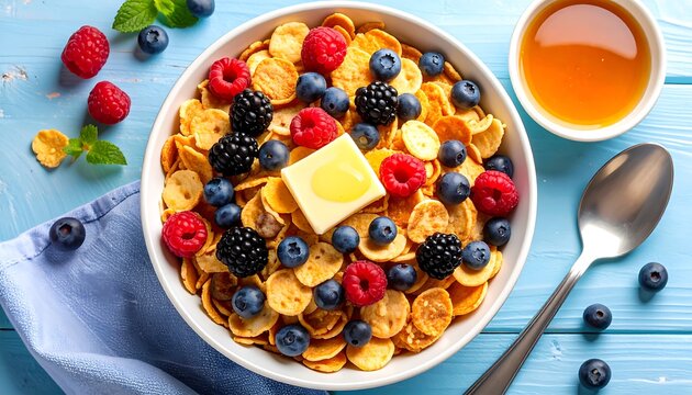 Delicious and colorful breakfast bowl filled with cornflakes and mixed berries for a healthy start