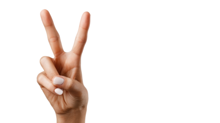 Hand showing peace sign on white isolated background.