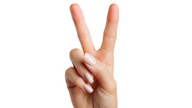 Hand showing peace sign, isolated on white background.
