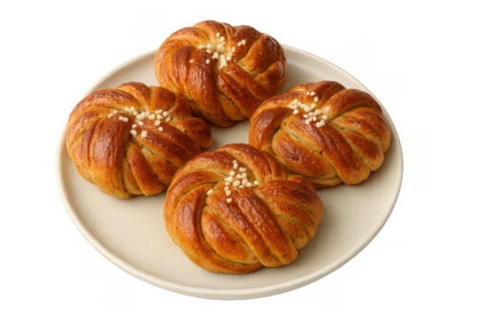 Freshly baked swedish kanelbullar resting on white plate, dusted with pearl sugar, featuring traditional cinnamon-swirled pastry against transparent backdrop