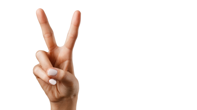 Hand showing peace sign on white isolated background.