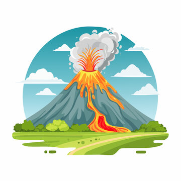 Flat vector of Mount Merapi spewing volcanic ash and pyroclastic clouds, with surrounding villages in the distance
