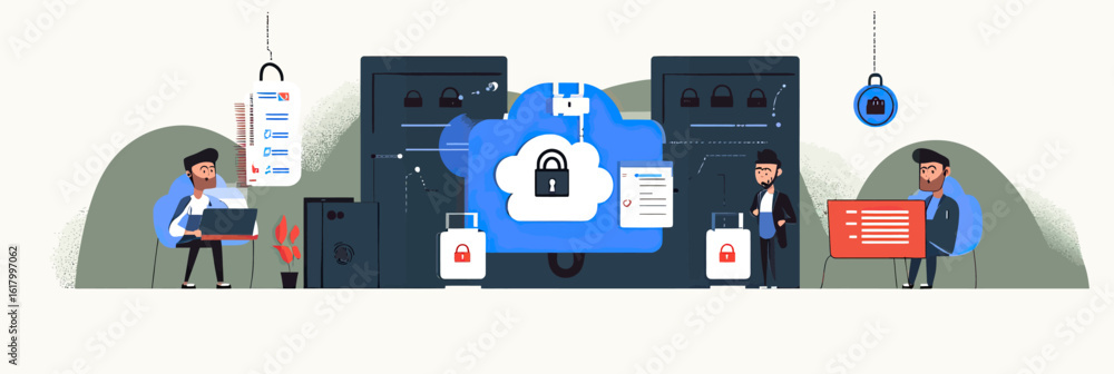 Poster cybersecurity data protection concept with cloud storage lock, user authentication, secure access, a