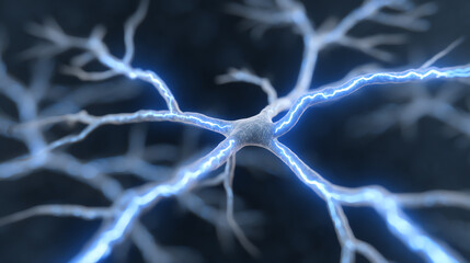 A detailed visualization of a neuron showcasing electrical impulses and connections, representing the complexity of the nervous system.