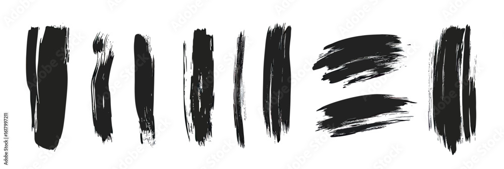 Poster set of black grunge brush strokes and paint smears with rough textured edges isolated on white backg