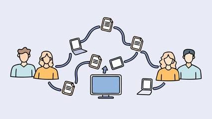 Illustration of data sharing between people and devices connected to a central computer system online