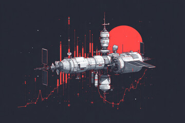 Detailed illustration of futuristic space station orbiting in space with large red planet in background, surrounded by digital data and graphs, creating high tech and sci fi atmosphere