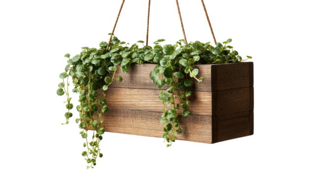Hanging wooden planter with lush green plant, white isolate background.