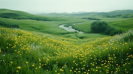 Rolling hills bloom with wildflowers in a vibrant green valley, with a quiet stream flowing through it all.

