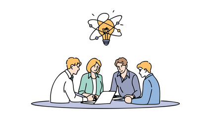 A group of people collaborating around a laptop with a lightbulb idea symbol above them in a meeting room